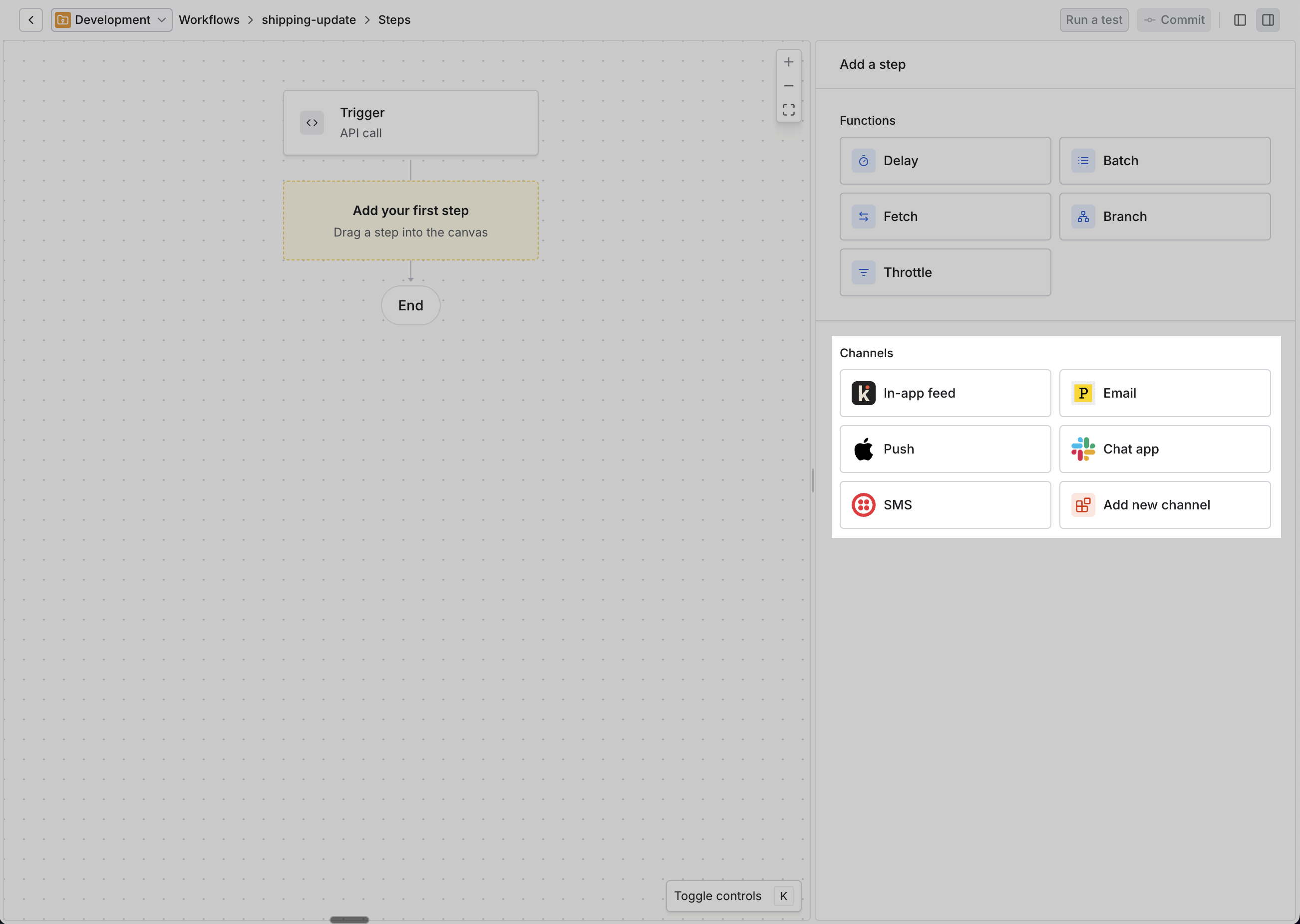 add an channel step to workflow canvas